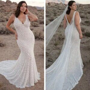 Daughters of Simone Anthro Nude Nev Crochet Lace Wedding Lined Boho Gown 4XL
